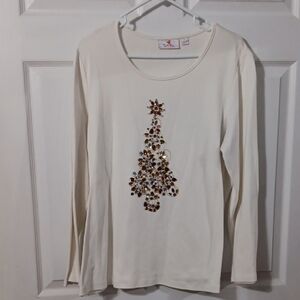 Quacker Factory Cream Long Sleeve Top with Gem Tree Design